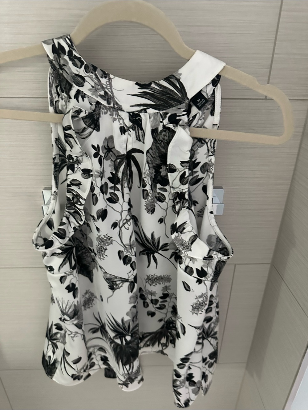 INC International Concepts White and Black Floral Ruffle Sleeveless Top